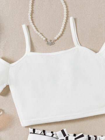 Girls Cold Shoulder Tee With Striped Belted Shorts