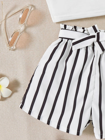 Girls Cold Shoulder Tee With Striped Belted Shorts