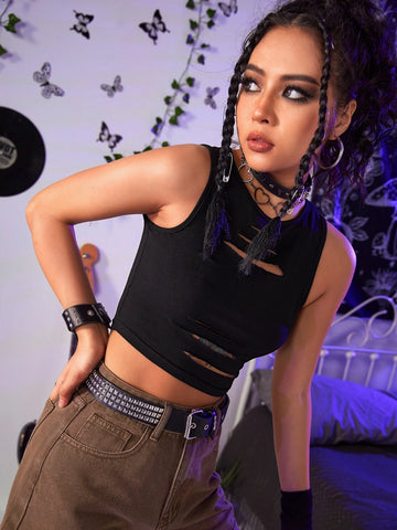 ROMWE Grunge Punk Solid Cut Out Crop Tank