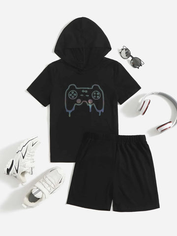 Boys Reflective Graphic Print Hooded Tee & Track Shorts