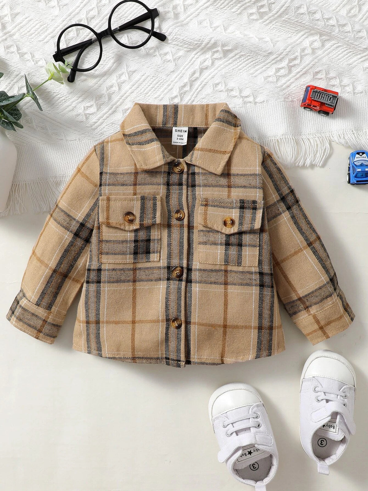 Baby Plaid Button Front Flap Pocket Patched Shirt