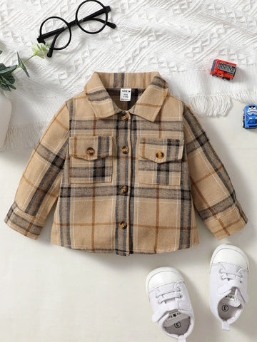 Baby Plaid Button Front Flap Pocket Patched Shirt