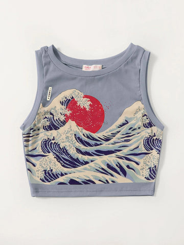 ROMWE Wave Graphic Ribbed Tank Top