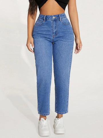 PETITE High Waist Patched Detail Tapered Jeans