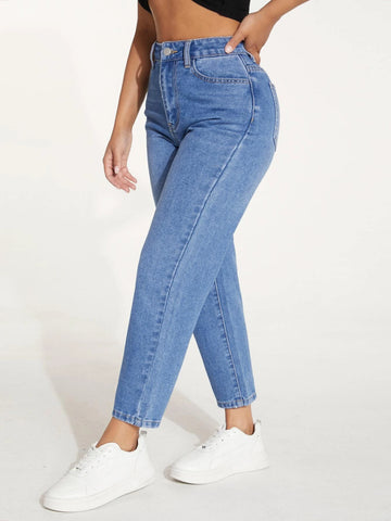 PETITE High Waist Patched Detail Tapered Jeans