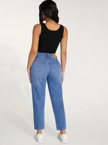 PETITE High Waist Patched Detail Tapered Jeans