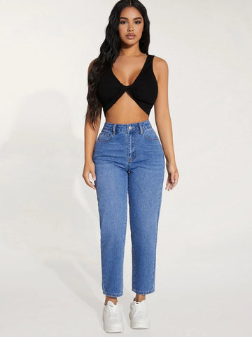 PETITE High Waist Patched Detail Tapered Jeans