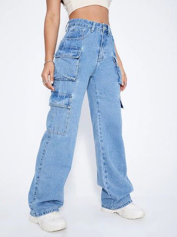 High Waist Flap Pocket Side Cargo Jeans