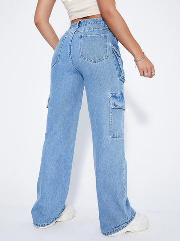 High Waist Flap Pocket Side Cargo Jeans