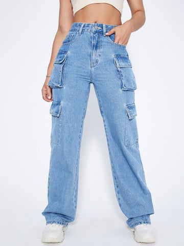 High Waist Flap Pocket Side Cargo Jeans
