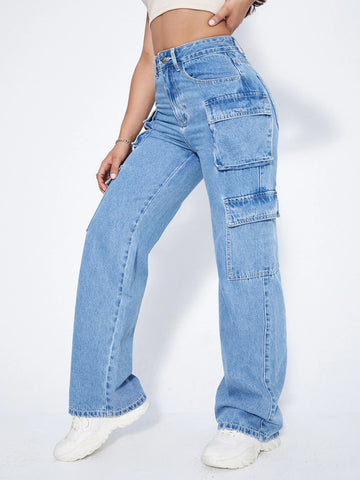 High Waist Flap Pocket Side Cargo Jeans