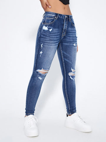 Ripped Moustache Effect Skinny Jeans