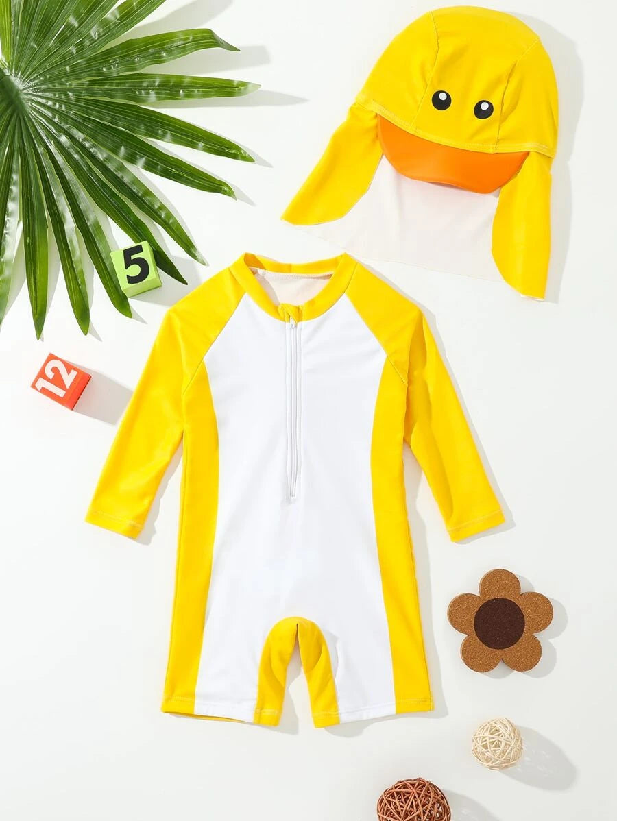 Baby Two Tone Raglan Sleeve One Piece Swimsuit & Hat
