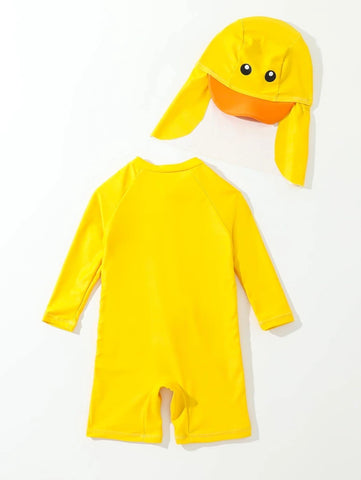 Baby Two Tone Raglan Sleeve One Piece Swimsuit & Hat