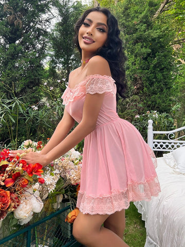 Mesh Lace Trim Bow Crisscross Back Off Shoulder Dress & Thong