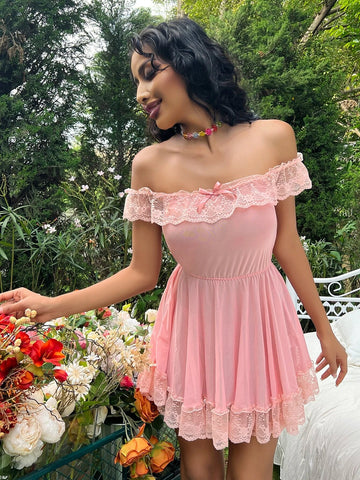 Mesh Lace Trim Bow Crisscross Back Off Shoulder Dress & Thong