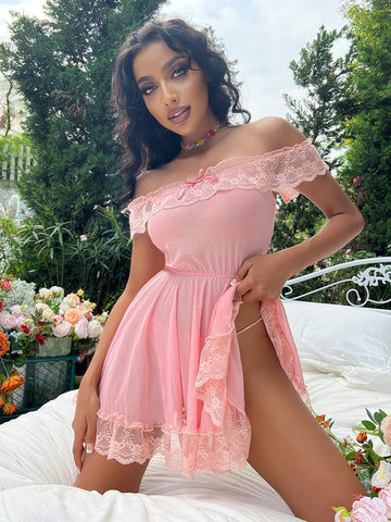 Mesh Lace Trim Bow Crisscross Back Off Shoulder Dress & Thong