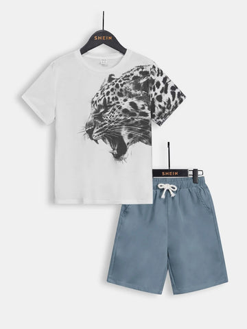 Boys 3D Leopard Print Tee & Drawstring Waist Shorts