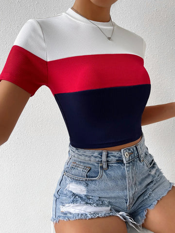 Color Block Mock Neck Rib Knit Tee