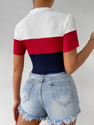 Color Block Mock Neck Rib Knit Tee