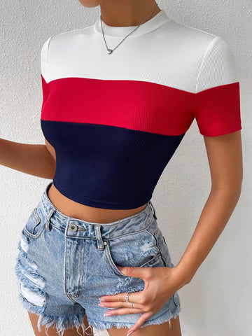 Color Block Mock Neck Rib Knit Tee