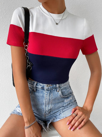 Color Block Mock Neck Rib Knit Tee
