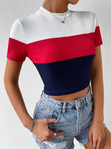 Color Block Mock Neck Rib Knit Tee