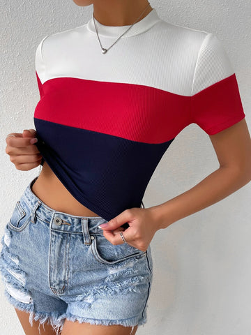 Color Block Mock Neck Rib Knit Tee
