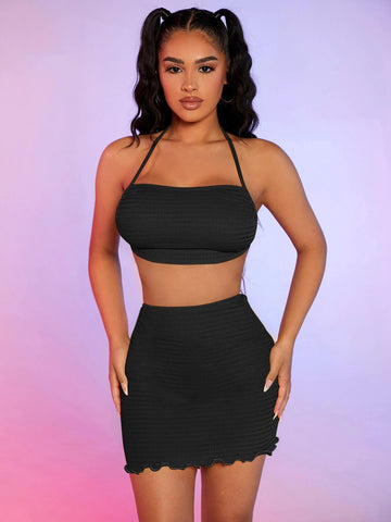 Textured Tie Backless Halter Top & Lettuce Trim Skirt