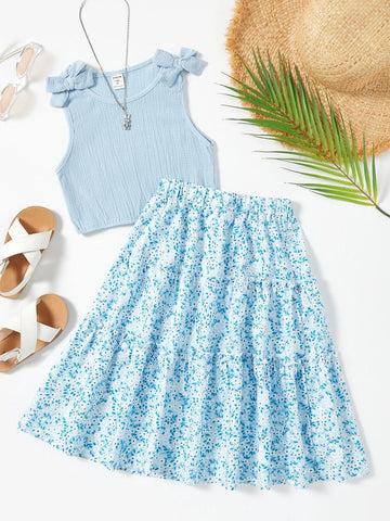 Girls Bow Patched Top And Ditsy Floral Skirt