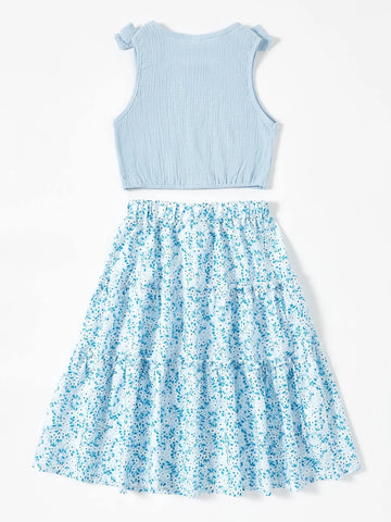 Girls Bow Patched Top And Ditsy Floral Skirt