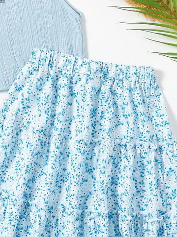 Girls Bow Patched Top And Ditsy Floral Skirt
