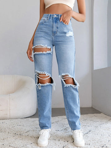 Tall High Waist Ripped Cut Out Straight Leg Jeans