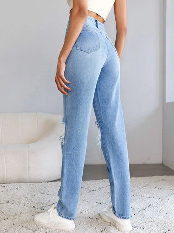Tall High Waist Ripped Cut Out Straight Leg Jeans