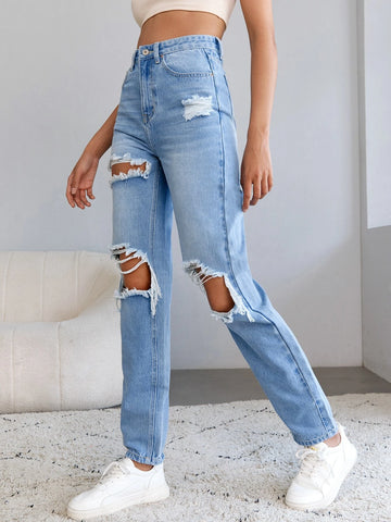 Tall High Waist Ripped Cut Out Straight Leg Jeans