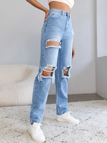 Tall High Waist Ripped Cut Out Straight Leg Jeans
