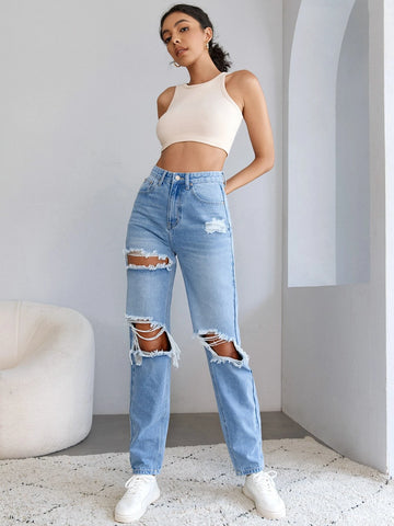 Tall High Waist Ripped Cut Out Straight Leg Jeans