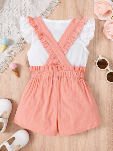 Baby Butterfly Sleeve Tee & Ruffle Trim Bow Front Overall Shorts