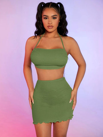Textured Tie Backless Halter Top & Lettuce Trim Skirt