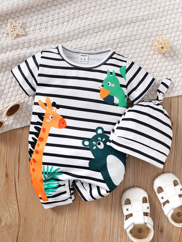 Baby Striped & Cartoon Graphic Romper & Hat