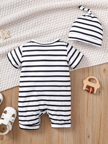 Baby Striped & Cartoon Graphic Romper & Hat