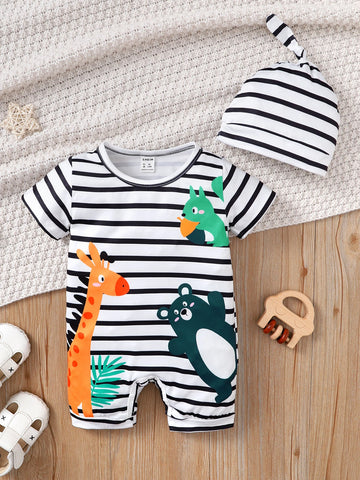 Baby Striped & Cartoon Graphic Romper & Hat
