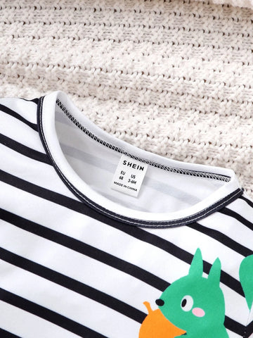 Baby Striped & Cartoon Graphic Romper & Hat