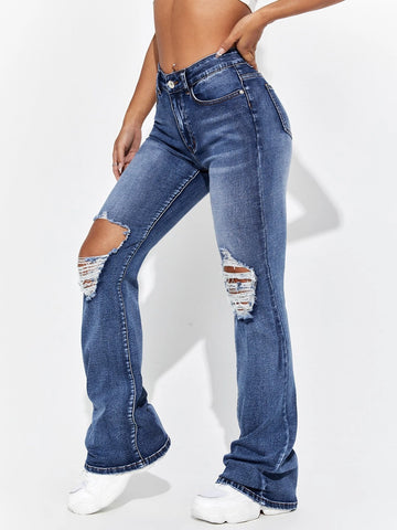 Cut Out Ripped Frayed Flare Leg Jeans