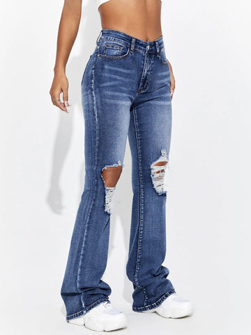 Cut Out Ripped Frayed Flare Leg Jeans
