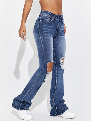 Cut Out Ripped Frayed Flare Leg Jeans