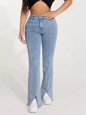 PETITE High Waist Slit Hem Boot-cut Leg Jeans