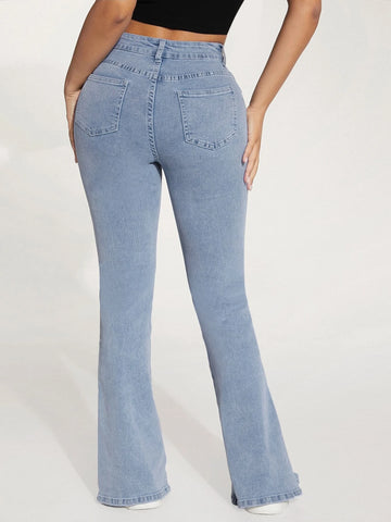 PETITE High Waist Slit Hem Boot-cut Leg Jeans