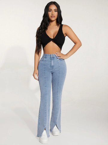 PETITE High Waist Slit Hem Boot-cut Leg Jeans