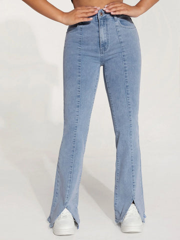 PETITE High Waist Slit Hem Boot-cut Leg Jeans